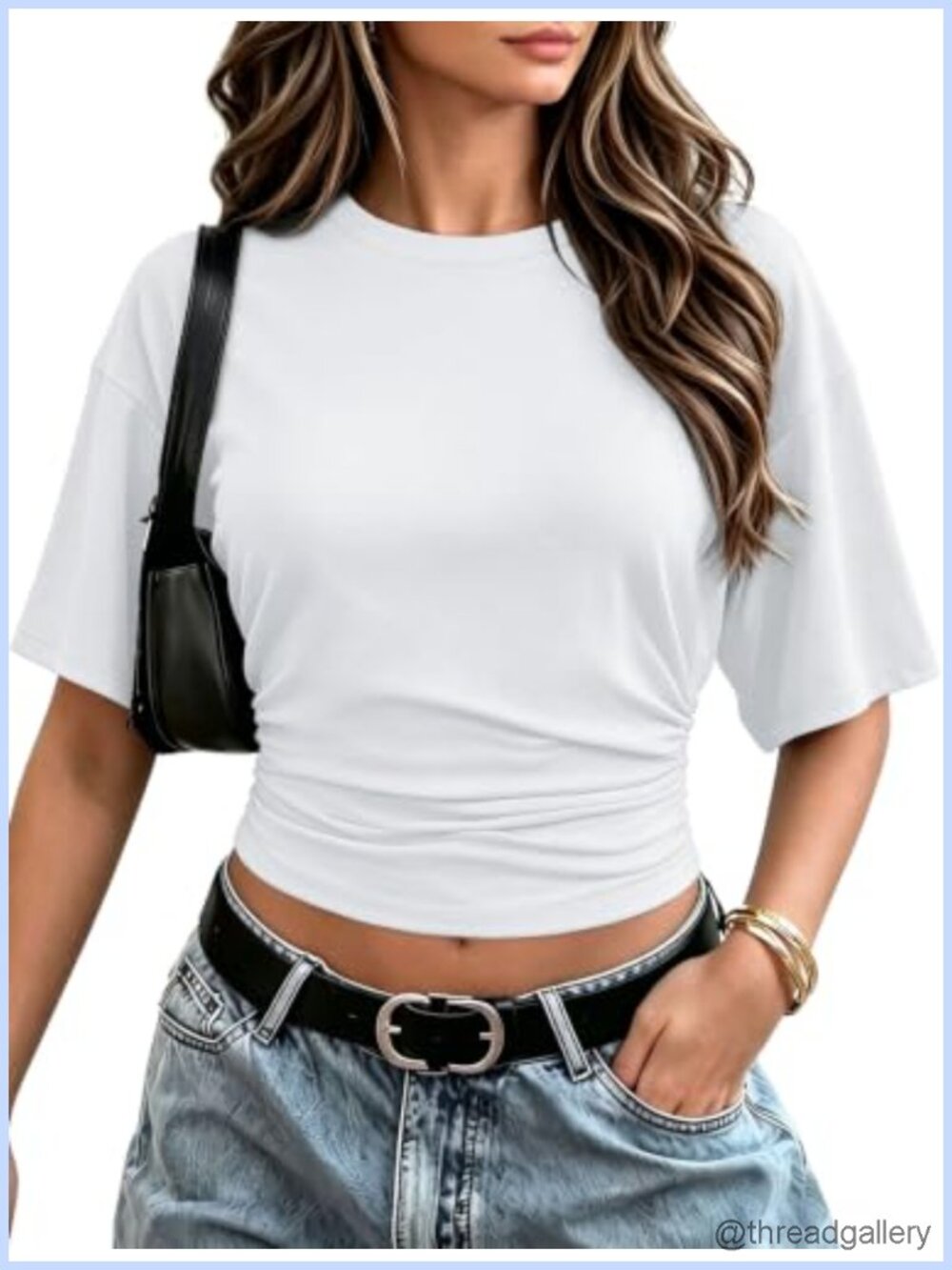 Crop Top Batwing Short Sleeve Ruched Waist Slim Fitted T-Shirt